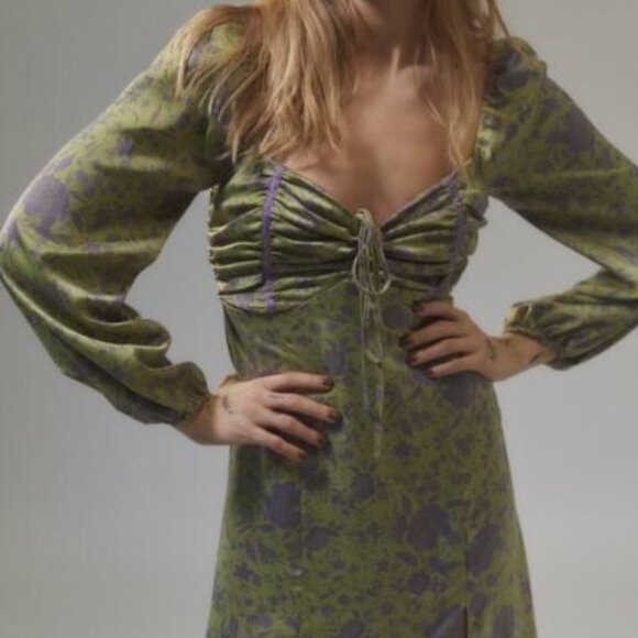 Urban Outfitters Kitty Printed Puff Sleeved Lilac Green Midi Dress - Picture 3 of 9